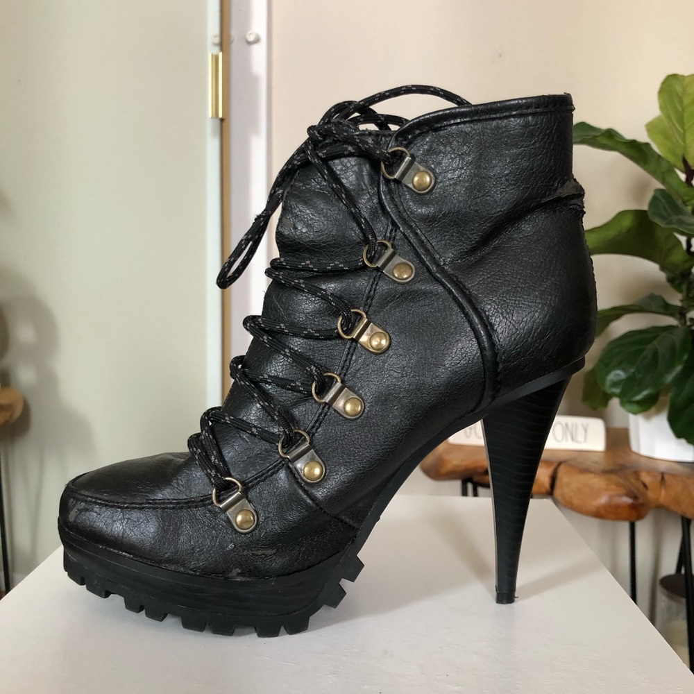 Bamboo Harper Black Heeled Combat Boots - Picture 2 of 8